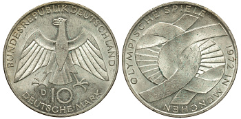 ФРГ 10 марок 1972 D, XX летние Олимпийские игры 1972 года в Мюнхене, символика KM 131, J.402 серебро KM 131, J.402 серебро 1519-924