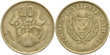 Кипр 10 центов 1988 KM 56.2 никель латунь 4141-1142