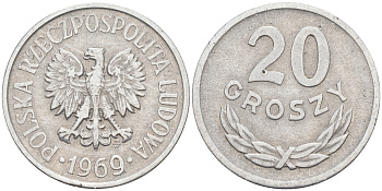 ПОЛЬША 20 ГРОШЕЙ 1969 MW KM A47 алюминий VF 190-143