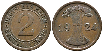 ГЕРМАНИЯ 2 РЕНТЕНПФЕННИГА 1924 A KM 31, J.307 бронза 86-1036