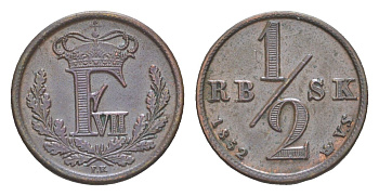 Дания 1/2 ригсбанкскиллинга 1852 Фредерик VII (1848-1863) KM 753 медь 603-734