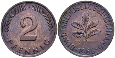 ФРГ 2 пфеннига 1968 G KM 106a, J.381a сталь плакированная медью 4546-951