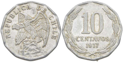 Чили 10 сентаво 1977 KM 205a алюминий 4402-421