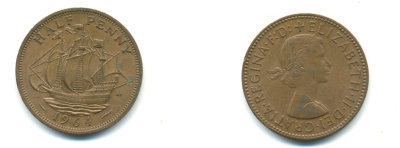Великобритания 1/2 пенни 1964 Елизавета II (1952-2022) KM 896, Spink 4158 бронза 59-1216