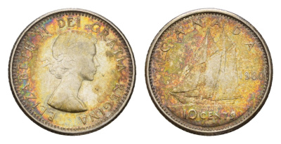 Канада 10 центов 1960 парусник, Елизавета II (1952-2022) KM 51 серебро 4669-641