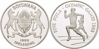 Ботсвана 5 пула 1988 XIV летние олимпийские игры в Сеуле, бег, тираж 25000 экз. КМ 21 серебро PROOF 04-011-23