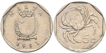 Мальта 5 центов 1991 краб KM 95 медно-никель 4387-1023