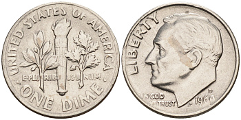 США 10 центов = дайм 1969 D, Рузвельт KM 195а медь плакированная медно-никелем    4115-349