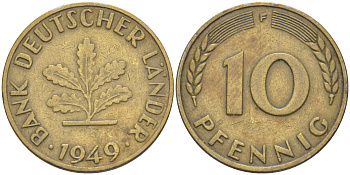 ФРГ 10 пфеннигов 1949 F KM 103, J. 378 сталь плакированная латунью 4513-831