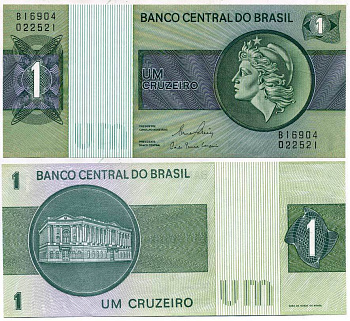 Бразилия 1 крузейро 1980 серия В 16904, подпись 20, голова свободы, здание Центрального банка Pick 191Ac  бумага  UNC (пресс) 435-33-3-1
