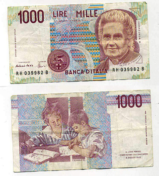 Италия 1000 лир 1990 Мария Монтессори Pick 114c 70-40-2-1