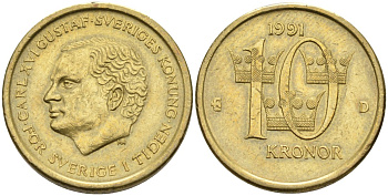 Швеция 10 крон 1991 D, Карл XVI Густав (1973- ) KM 877 медь алюминий цинк 4592-147