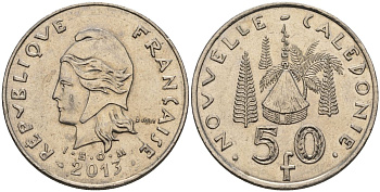 Французская Новая Каледония 50 франков 2013 хижина среди сосен и пальм, (IEOM) KM 13a, Schoen 15a, Lec 128i медно-никель 4111-1042