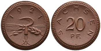 Саксония 20 пфеннигов 1921 колосья и серп J. N 53 фарфор UNC 1094-9-43