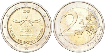 Бельгия 2 евро 2008 60 лет Всеобщей Декларации Прав Человека KM 248 биметал aUNC 4155-126