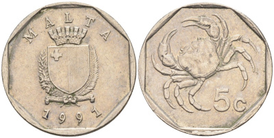 Мальта 5 центов 1991 краб KM 95 медно-никель 4387-1023