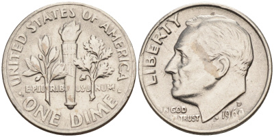 США 10 центов = дайм 1969 D, Рузвельт KM 195а медь плакированная медно-никелем    4115-349