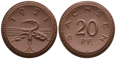Саксония 20 пфеннигов 1921 колосья и серп J. N 53 фарфор UNC 1094-9-43