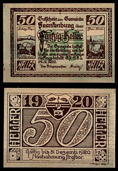 Австрия, Франкенбург 50 геллеров 1920 Jaksc/Pick JPR0206IIb-50 бумага aUNC 2193-14-3-1