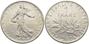 ФРАНЦИЯ 1 ФРАНК 1960 СЕЯТЕЛЬ KM 925.1, LE FRANC 226.4 никель 175-512