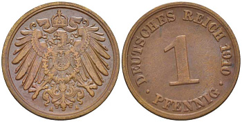 ГЕРМАНИЯ 1 ПФЕННИГ 1910 A KM 10, J. 10, Weege 2 медь 211-425