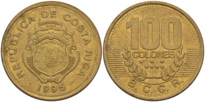 КОСТА-РИКА 100 КОЛОН 1995 w KM 230 сталь плакированная латунью 82-226