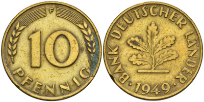 ФРГ 10 пфеннигов 1949 F KM 103, J. 378 сталь плакированная латунью 4143-526