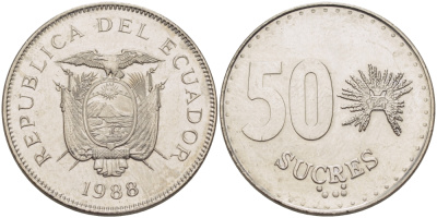 ЭКВАДОР 50 СУКРЕ 1988 KM 93 сталь плакированная никелем UNC 82-914