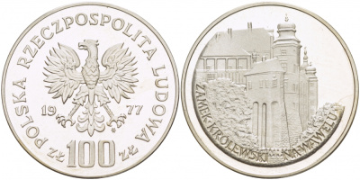 Польша 100 злотых 1977 MW, Вавельский замок в Кракове KM 91, Parchimowicz 279 серебро PROOF 1082-1-25