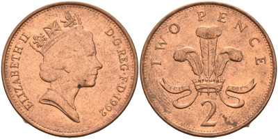Великобритания 2 пенса 1992 Елизавета II (1952-2022) KM 936, Spink 4376 бронза 4116-746