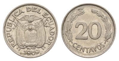 Эквадор 20 сентаво 1969 KM 77.1c сталь плакированная никелем 4643-1264