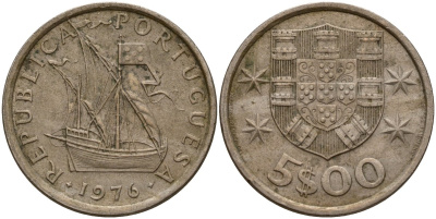 Португалия 5 эскудо 1976 KM 591 медно-никель 4156-543