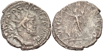 Римская Империя (императоры в Галлии) антониниан 260 - 269 Постум. IMP C POSTVMVS P F AVG / VICTORIA AVG, Виктория с венком и пальмовой ветвью, у ног пленник, Колония Агриппины, Very fine RIC 89 биллон 1073-13-93