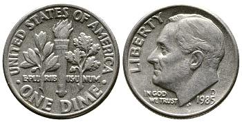 США 10 ЦЕНТОВ = 1 ДАЙМ 1985 D, РУЗВЕЛЬТ KM 195а медь плакированная медно-никелем 57-1231