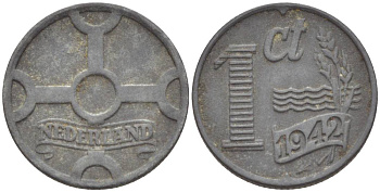 НИДЕРЛАНДЫ 1 ЦЕНТ 1942 ВИЛЬГЕЛЬМИНА I (1891-1948), ГЕРМАНСКАЯ ОККУПАЦИЯ, ВТОРАЯ МИРОВАЯ ВОЙНА KM 170 цинк 4532-1137