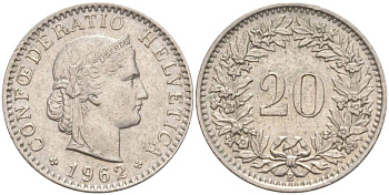 Швейцария 20 раппенов 1962 В KM 29a медно-никель 55-814