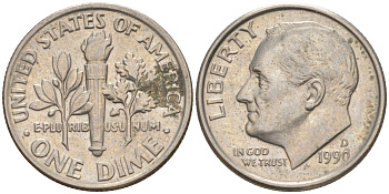 США 10 ЦЕНТОВ = 1 ДАЙМ 1990 D, РУЗВЕЛЬТ KM 195a медь плакированная медно-никелем 187-1064