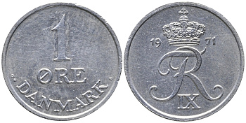 Дания 1 эре 1971 С; S, Фредерик IX (1947-1972) KM 839.2 цинк UNC 100-711