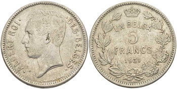 БЕЛЬГИЯ 5 ФРАНКОВ 1931 АЛЬБЕРТ I, DES BELGES KM 97.1 никель 3851-141