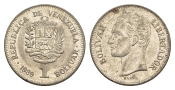 Венесуэла 1 боливар 1989 Симон Боливар, тонкий шрифт Y 52a.1 сталь плакированная никелем 4591-357