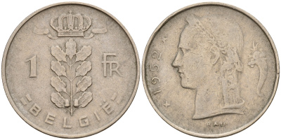 Бельгия 1 франк 1952 Belgie, Бодуэн I (1951-1993) KM 143.1 медно-никель    4187-122