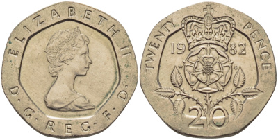Великобритания 20 пенсов 1982 Елизавета II (1952-2022) KM 931, Spink 4230 (G1) медно-никель 67-832