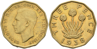 Великобритания 3 пенса 1938 Георг VI (1936-1952) KM 849, Spink 4112 никель латунь 4592-352