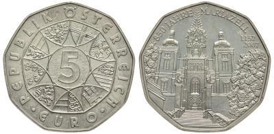 Австрия 5 евро 2007 850 лет городу Мариацелль, церковь KM 3145 серебро UNC 413-2222