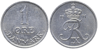 Дания 1 эре 1971 С; S, Фредерик IX (1947-1972) KM 839.2 цинк UNC 100-711