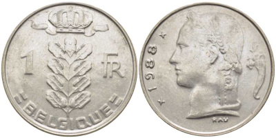 БЕЛЬГИЯ 1 ФРАНК 1988 BELGIQUE, БОДУЭН I (1951-1993) KM 142.1 медно-никель 119-533
