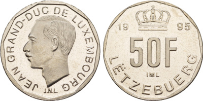 Люксембург 50 франков 1995 Великий герцог Жан (1964-2000), тираж 10.000 экземпляров KM 66 никель  BU  4635-1214