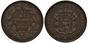 Люксембург 2 1/2 сантима 1901 великий герцог Адольф (1890-1905), BARTH КМ 21 бронза 4538-811