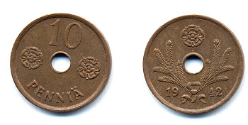 ФИНЛЯНДИЯ 10 ПЕННИ 1942 KM 33.1 медь 51-4965