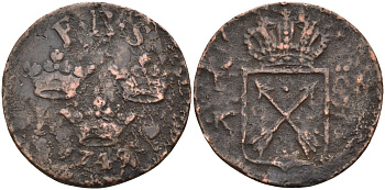 Швеция 1 эре 1749 FRS, Фредерик I (1720-1751) KM 383.3 медь 4586-515